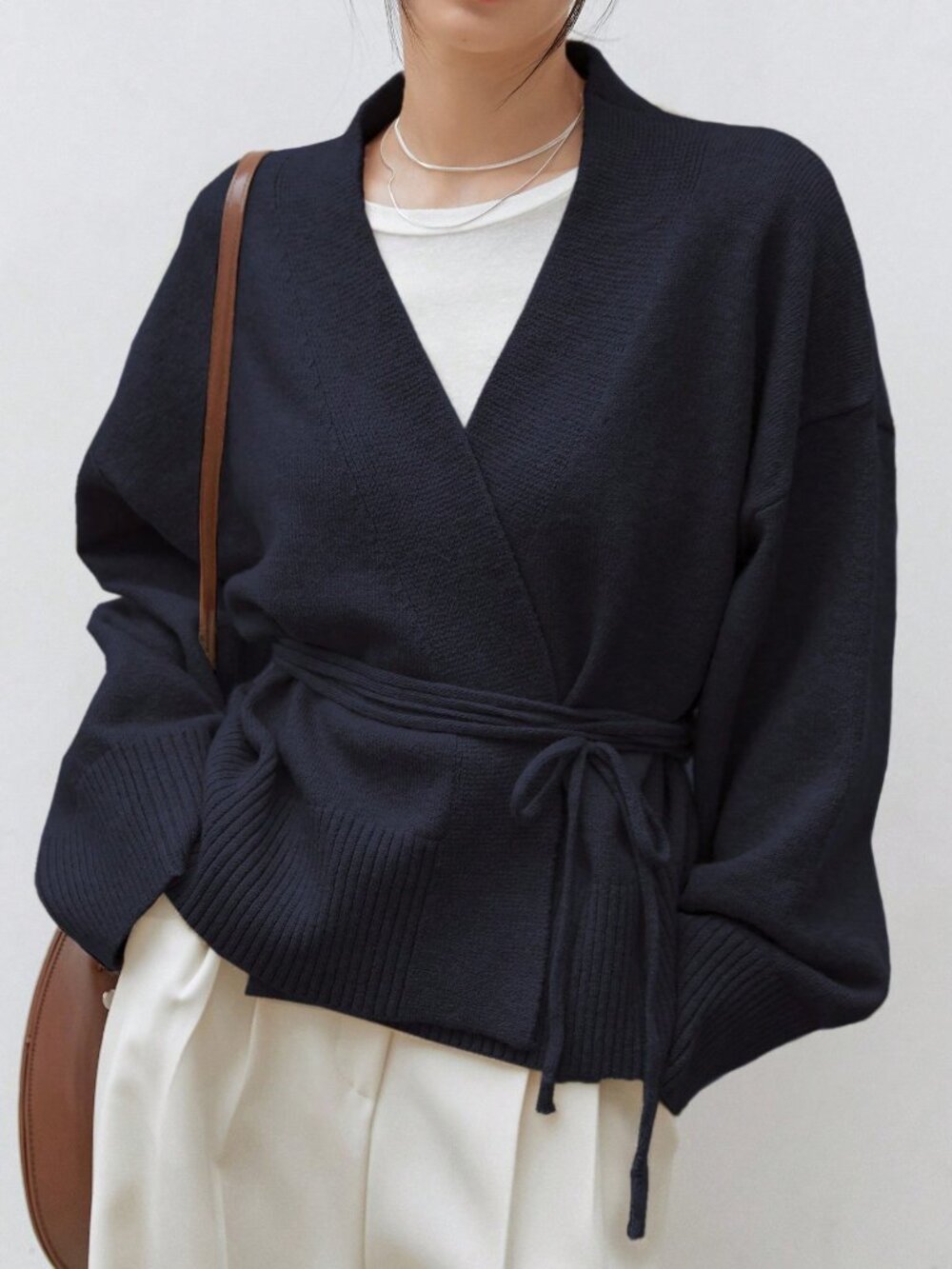 Navy Blue Casual Women's Drop Shoulder Belted V Neck Long Sleeve Cardigan Tops
